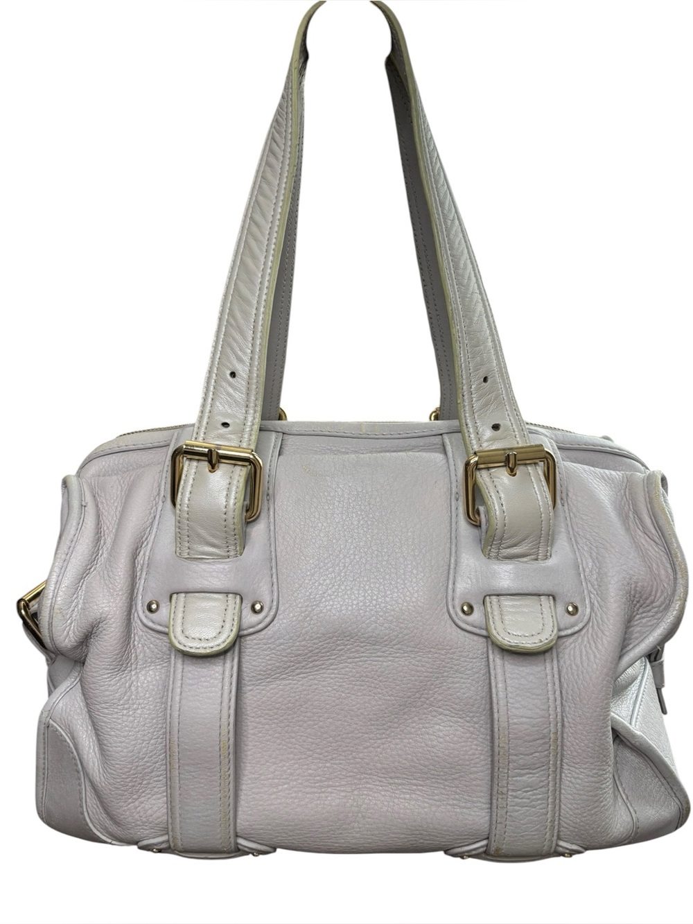 BALLY Light Grey Pebbled Leather Satchel Shoulder Bag Gold Hardware Luxury Italy